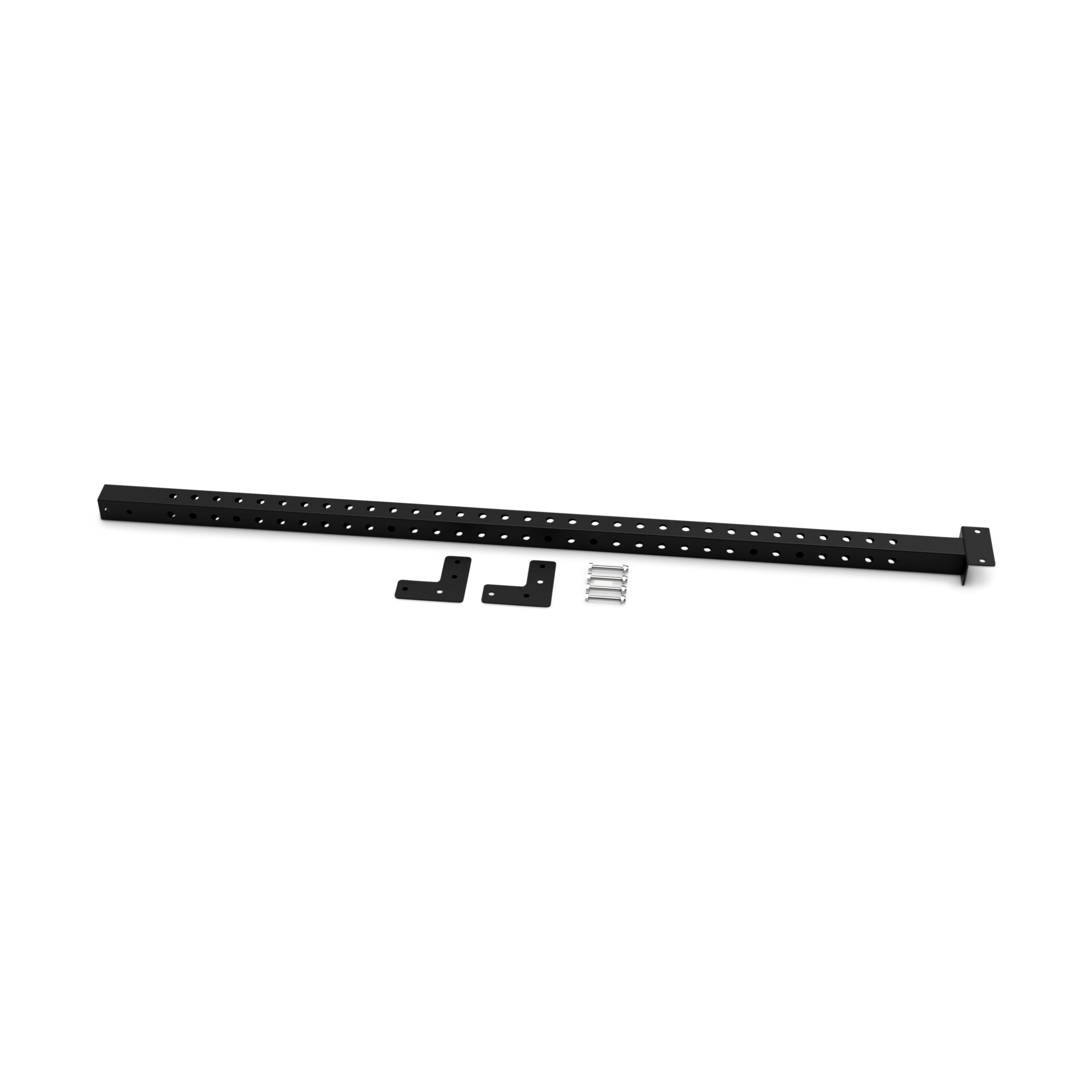 The Back Upright Attachment for Cable Tower by Bells of Steel is a long, black metal beam showcasing multiple evenly spaced holes along its length. It is accompanied by two black L-shaped brackets and a small set of screws, all presented against a white background for a modern and sleek setup.