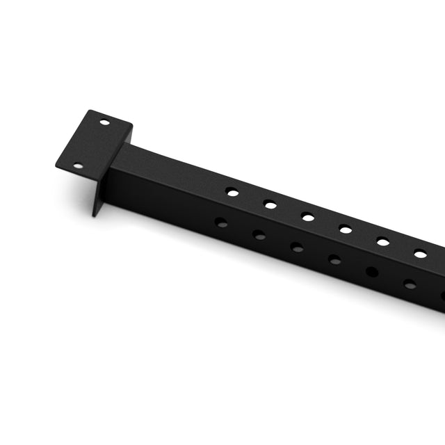 A sturdy black metal bracket featuring multiple evenly spaced holes and a flat attachment plate at one end, reminiscent of the robust design found in the Bells of Steel Back Upright Attachment for Cable Tower, viewed from an angle against a white background.