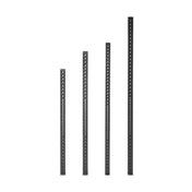 Four vertical Hydra Vertical Uprights by Bells of Steel, in black metal with different heights and evenly spaced holes, stand side by side against a white background.