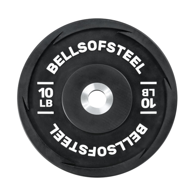 The Bells of Steel Urethane Bumper Plate, a 10 lb black weight plate with a silver center, is perfect for gym or Olympic weightlifting.