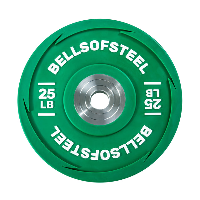 The Bells of Steel Urethane Bumper Plate is a durable, green 25-pound weight with a metal center and ridged edges, ideal for Olympic weightlifting.