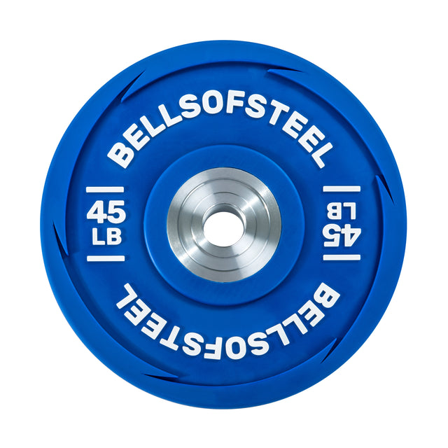 A 45 lb blue Urethane Bumper Plate from Bells of Steel, featuring a durable circular design with a metallic center and molded patterns. Ideal for Olympic weightlifting, it has "BELLS OF STEEL" in white letters around the edge.