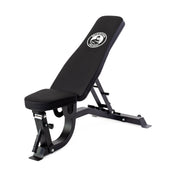 The Bells of Steel Adjustable Utility Bench in sleek black features an adjustable seat and backrest with a logo detail, a sturdy metal frame, and safety pins for customizable incline angles, combining functionality and style for your workouts.