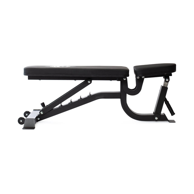 The Bells of Steel Adjustable Utility Bench has an adjustable seat, padded backrest, and black frame with multiple incline angles. Wheel attachments provide mobility, and its sturdy design makes it ideal for home or gym use.