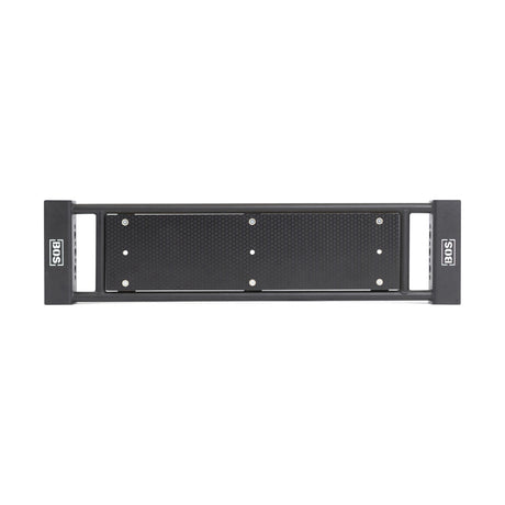 Black metal Utility Seat for Hydra/Manticore by Bells of Steel features a textured rectangular center, branded on each end, designed for mounting—built tough like a 3"x3" rack for lasting strength.