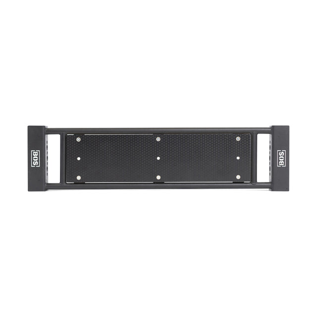 Black metal Utility Seat for Hydra/Manticore by Bells of Steel features a textured rectangular center, branded on each end, designed for mounting—built tough like a 3"x3" rack for lasting strength.