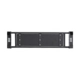 The Bells of Steel Utility Seat for Hydra/Manticore is a black metal 2U rackmount panel with two rectangular blank spaces in the center, designed for use with audio or network equipment racks compatible with a 3"x3" rack.