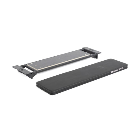 A Bells of Steel Utility Seat for Hydra/Manticore and an adjustable, foldable bench frame are shown side by side on a white background. The frame is compatible with most 3"x3" racks.