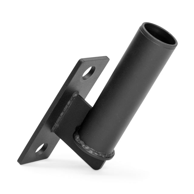 Introducing the Bells of Steel Vertical Mount Barbell Holder Rack Attachment, a black metal flag pole holder designed with two mounting holes on a rectangular base. It features an angled cylindrical holder, ideal for versatile applications such as organizing your home gym or attaching it to a power rack.