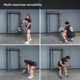Four photos show a man and woman using the Bells of Steel Viking Press Attachment with an Olympic bar, demonstrating its multi-exercise versatility in a gym setting.