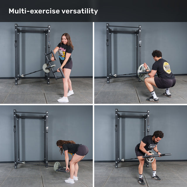 Four photos show a man and woman using the Bells of Steel Viking Press Attachment with an Olympic bar, demonstrating its multi-exercise versatility in a gym setting.