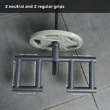 A close-up shows a weight plate on an Olympic bar with the Bells of Steel Viking Press Attachment, featuring two neutral and two regular grips highlighted by dotted lines. Text at the top reads: "2 neutral and 2 regular grips.