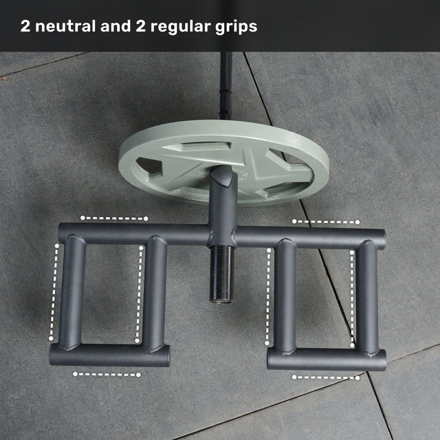 A close-up shows a weight plate on an Olympic bar with the Bells of Steel Viking Press Attachment, featuring two neutral and two regular grips highlighted by dotted lines. Text at the top reads: "2 neutral and 2 regular grips.