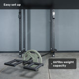 A Bells of Steel Viking Press Attachment with handles and large wheels is set up on a squat rack next to a landmine in a gym. The image displays the text "Easy set up" and "661lbs weight capacity.