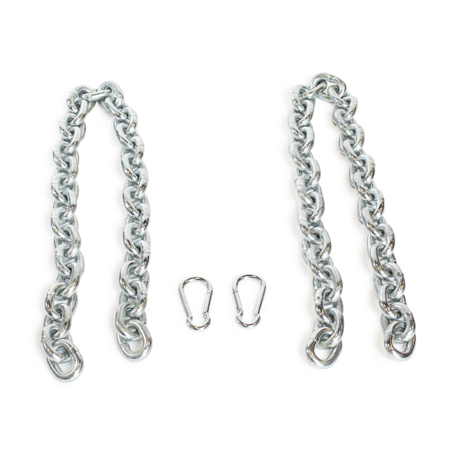 The Bells of Steel Chain Weight Vest includes two thick weighted chains and two metal carabiner hooks, shown side by side on a white background—ideal for enhancing your strength training routines.