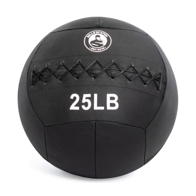 The Bells of Steel Triple Stitched Medicine Ball, weighing 25 LB in sleek black with a crisscross stitch pattern and Kevlar outer shell, is the essential durable tool for your intense workouts.