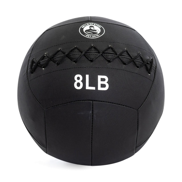 The black 8-pound Triple Stitched Medicine Ball by Bells of Steel features a durable Kevlar outer shell, a visible logo on top, and distinct cross-pattern stitching.