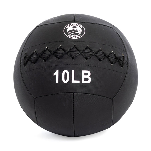 The Triple Stitched Medicine Ball by Bells of Steel features a black design with a 10-pound weight, showcasing a bear logo and "BEAR COMPLEX." It boasts a Kevlar outer shell with center stitching. Perfect for varied workouts, it's available in multiple weights to accommodate different fitness levels.