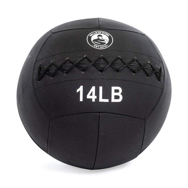 The Bells of Steel Triple Stitched Medicine Ball sports a black Kevlar outer shell, detailed stitching, and "14LB" with a weightlifting logo. It's durable and perfect for your daily workout.