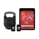 The Wildman Clean & Press Adjustable Kettlebell Bundle by Bells of Steel includes an adjustable kettlebell with the "School of Strength" logo, two black wristbands, and a tablet featuring the "Nerd Math: Clean & Press Program" cover showing a person and crossed kettlebells for strength building.