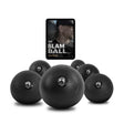 A semicircle of six black slam balls from the Wildman Slam Program Large Bundle by Bells of Steel is arranged for action, with a tablet in the background subtly displaying the program cover, suggesting high-intensity training designed to enhance muscular endurance.