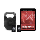 Image of the Bells of Steel Wildman Swing Adjustable Kettlebell Bundle featuring an adjustable kettlebell, two wristbands, and a tablet displaying the "Nerd Math Swing Program" with a person on the cover. This is an efficient space-saving solution.