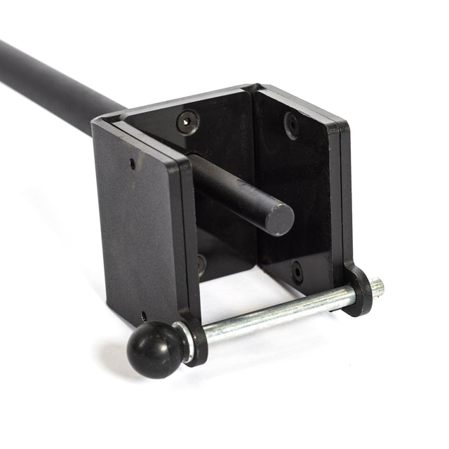 Close-up of Bells of Steel's black metal Wrist Roller and Rack Attachment with rotating lever and round handle on a white background, designed to enhance grip strength, ideal for forearm exercises.