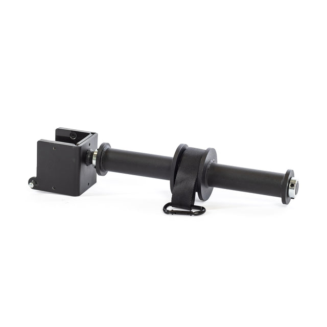 The Bells of Steel Wrist Roller and Rack Attachment is a black metal adjustable leash mount featuring a rectangular attachment point, cylindrical rod, and black strap with carabiner clip, perfect for training or securing animals while boosting grip strength.