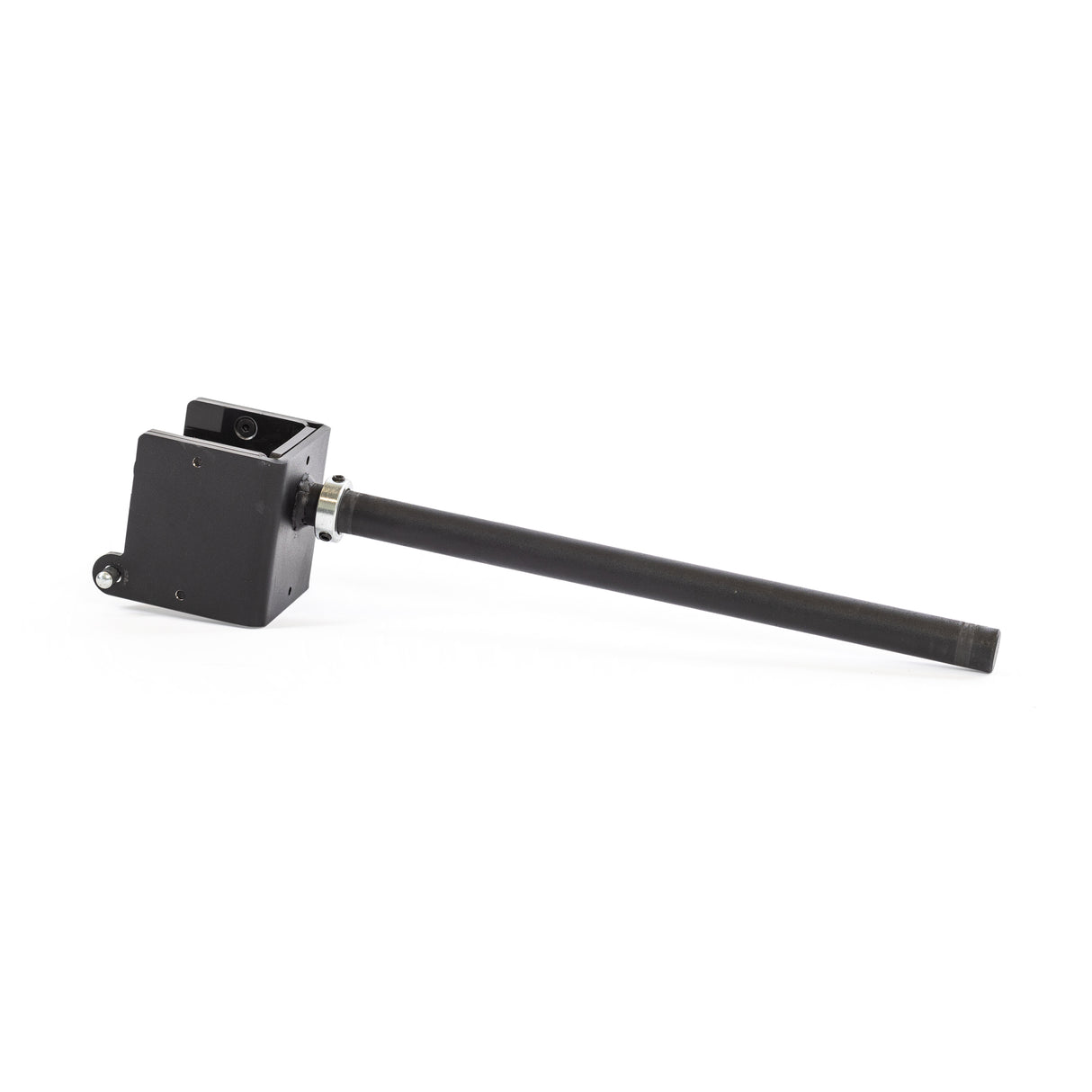 A Bells of Steel black rectangular Wrist Roller and Rack Attachment with a long cylindrical antenna lies on a white background, featuring a mounting structure for communication or signal transmission. Its impressive grip strength is comparable to using a wrist roller for your forearms.