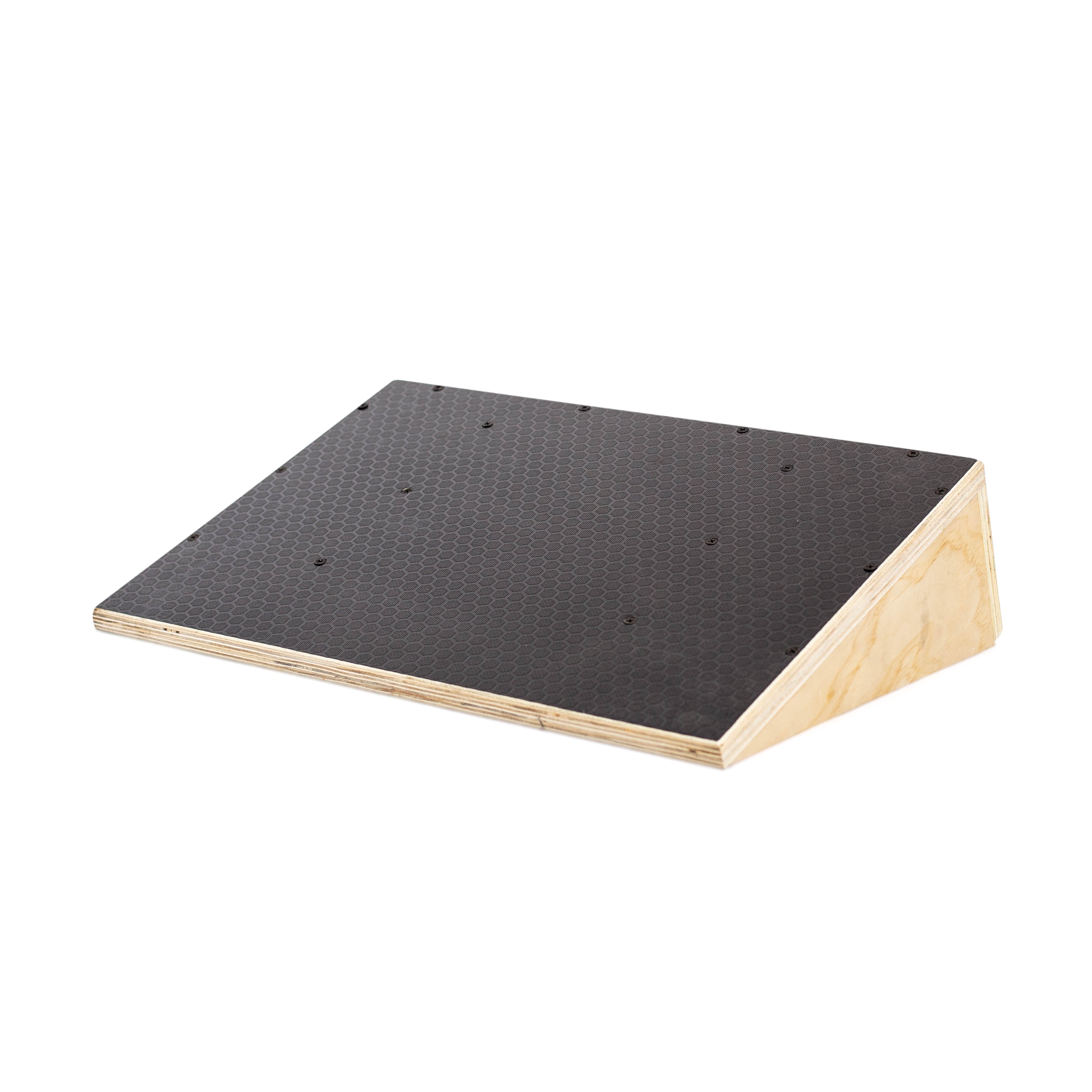 The Squat Wedge Board by Bells of Steel is a versatile wooden ramp featuring a black textured surface, ideal for practicing stunts and enhancing ankle mobility. Its triangular shape and smooth incline make it perfect for skateboarders or those looking to improve squat depth.