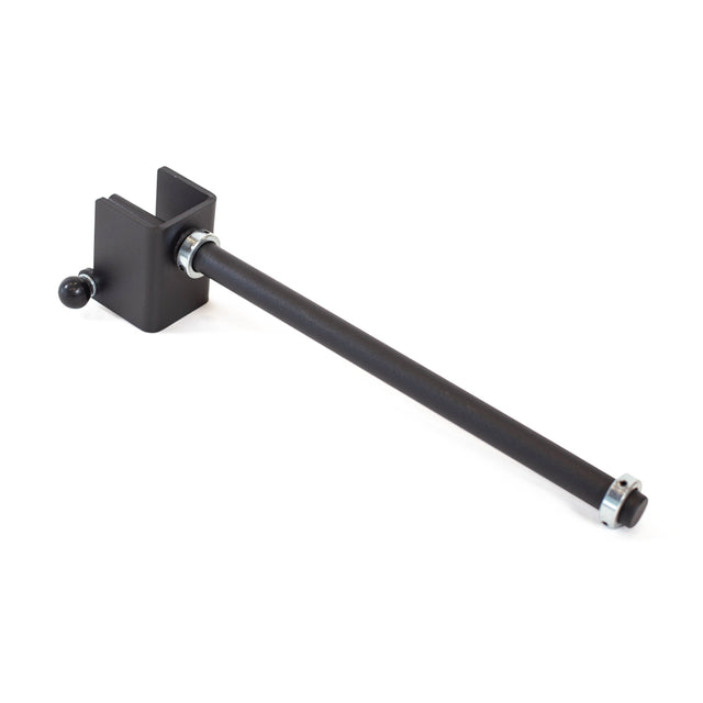 The Bells of Steel Wrist Roller and Rack Attachment is a black metal bar with a square clamp on one end and a circular opening on the other, equipped with an adjustment knob for improved grip. Its sleek, minimalist design fits seamlessly into any forearm exercise setup, ideal for flat surfaces.