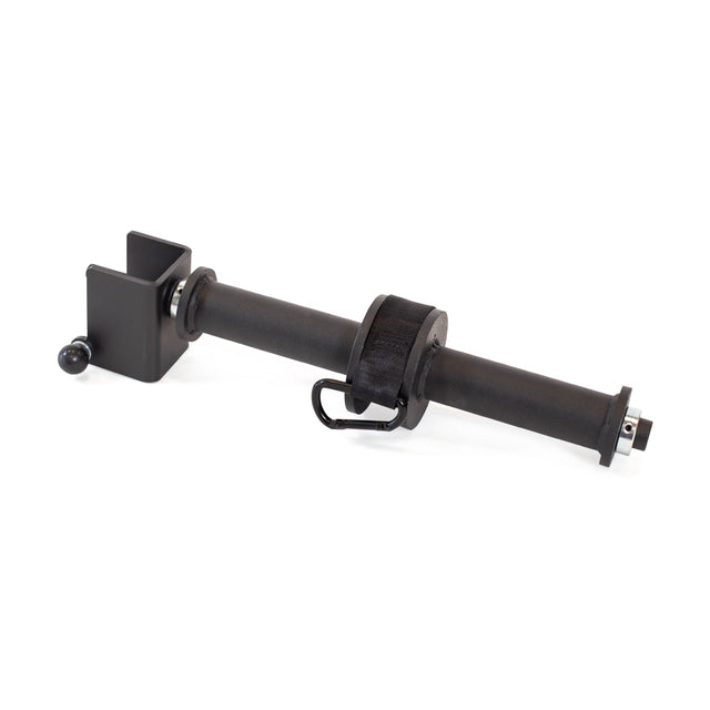 The Bells of Steel Wrist Roller and Rack Attachment is a black adjustable metal clamp with a padded center, featuring a handle and screw mechanism for secure attachment to enhance grip strength on flat surfaces or bars.