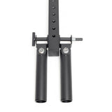 The Bells of Steel Double Landmine Pin for 5/8" Holes is a black metal home gym attachment with two cylindrical sleeves, bolts, and an upright piece with multiple adjustment holes—perfect for unilateral exercises. Shown from above on a white background.
