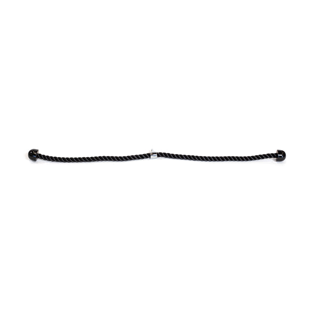 The Bells of Steel Extra Long Tricep Rope Extension (137cm), featuring black color with rubber ends and a central metal connector, perfect for fitness equipment and exercises such as tricep pushdowns, is showcased against a plain white background.