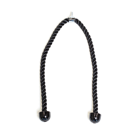 The Bells of Steel Extra Long Tricep Rope Extension (137cm) features a black twisted cable with glossy black end caps and a metal center clasp, perfect for tricep pushdowns, showcased against a white background.