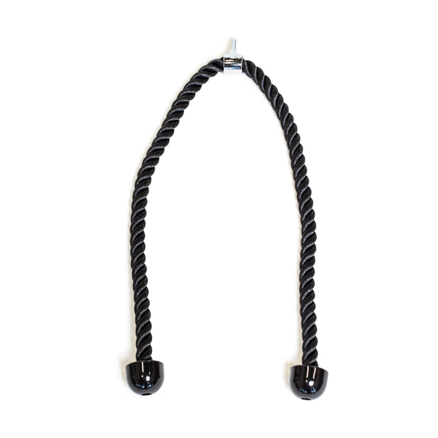 The Bells of Steel Extra Long Tricep Rope Extension (137cm) features a black twisted cable with glossy black end caps and a metal center clasp, perfect for tricep pushdowns, showcased against a white background.