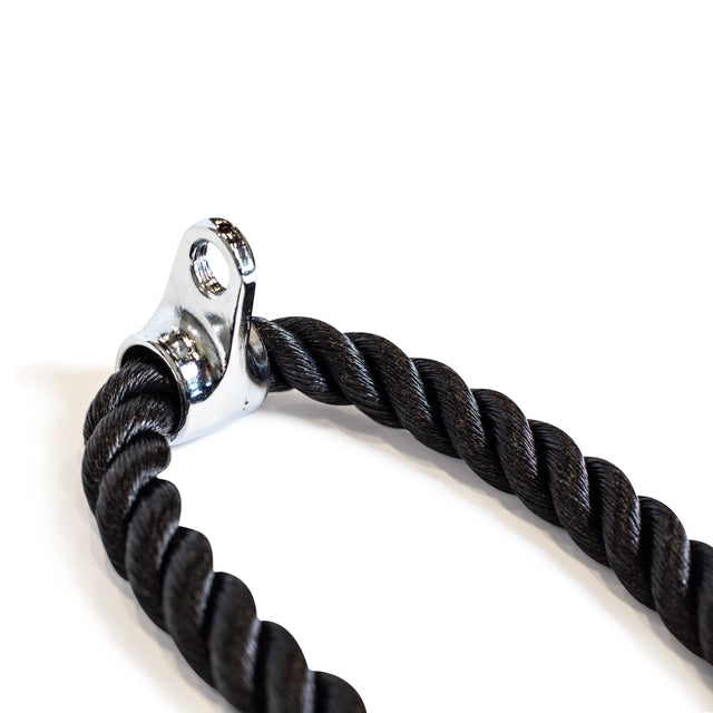 A detailed view of the Bells of Steel Extra Long Tricep Rope Extension (137cm) in black, featuring a metal attachment loop, ideal for tricep pushdowns, set against a white background.