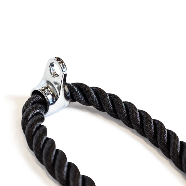 A close-up of the Bells of Steel Extra Long Tricep Rope Extension (137cm), featuring a black twisted rope with a shiny metal attachment for cable machines, displayed on a white background.
