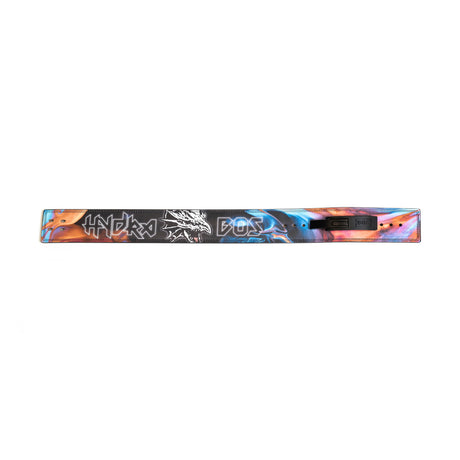 A vibrant, rectangular Lever Belt by Bells of Steel with blue, orange, and black patterns, bold graffiti-style "HYDRO" and "DOS" text on the front—powerlifting-inspired—and a digital display on the right side.