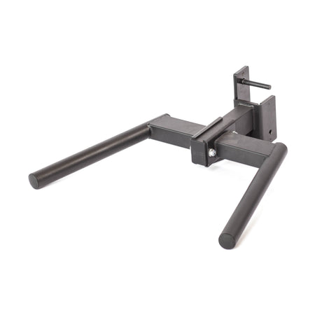 The Y Dip Bar Rack Attachment by Bells of Steel is a sturdy black metal accessory, equipped with two parallel handles and a mounting bracket, specifically designed for use as a dependable attachment on fitness equipment.