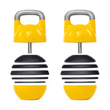 The Bells of Steel Adjustable Competition Kettlebells, featuring yellow color and sturdy metal handles, showcase a modular design with stackable iron weight plates in a spherical shape, highlighting their versatility for workouts.