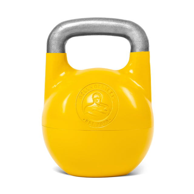 The Bells of Steel Adjustable Competition Kettlebell features a silver handle, a yellow body, and an embossed strongman logo.