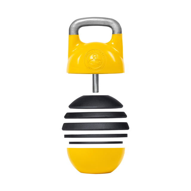 The Bells of Steel Adjustable Competition Kettlebell is designed in striking yellow and black with iron weight plates using an interlocking mechanism. The lever allows for easy transitions, complemented by a sleek handle and logo.