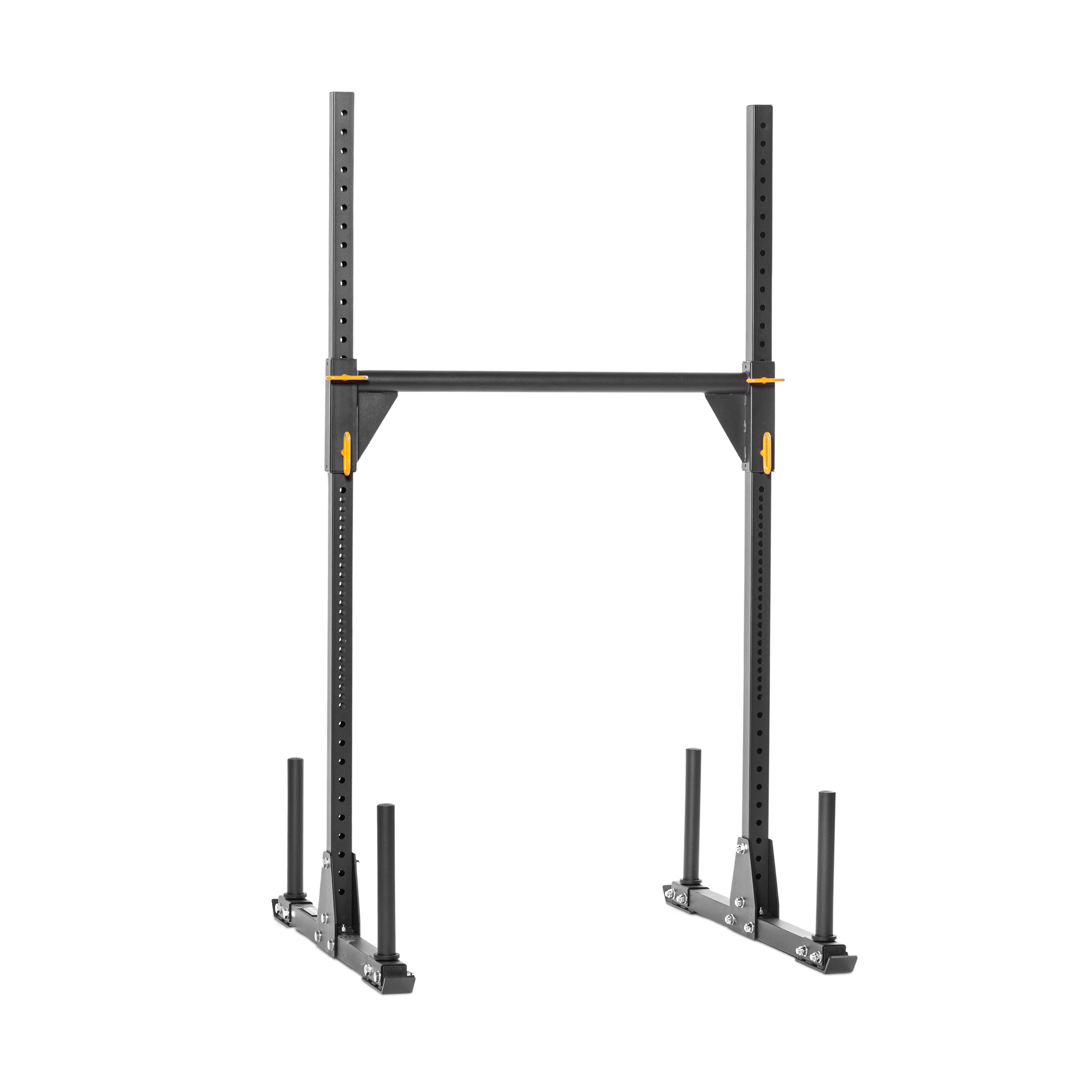 Introducing the Bells of Steel Strongman Yoke, a sleek black adjustable squat stand with a robust frame. It features two vertical beams, a horizontal pull-up bar, and four weight pegs at the base for enhanced stability. This minimalist yet functional design is perfect for both home gyms and fitness centers, offering exceptional versatility for a wide range of workouts.