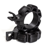 Two black Barbell Zip Clips - Half Standard (Pair) by Bells of Steel are stacked together, featuring rugged plastic build, gear-like edges, hooks, and "EOS" embossed on the surface.