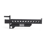 The Bells of Steel Spotter Arms Rack Attachment is a black metal gym accessory with heavy-duty construction, UHMW lining, evenly spaced adjustment holes, and a white BOS logo. It includes a rectangular pin for secure attachment.