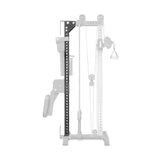 A black metal attachment part is highlighted on a partially transparent Bells of Steel Oblivyon Tower - 3x3″ Cable Tower - Back Upright, clearly showing its placement and connection points for rack-mounted attachments.