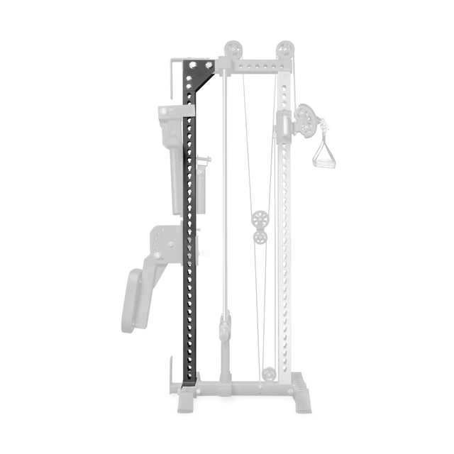A black metal attachment part is highlighted on a partially transparent Bells of Steel Oblivyon Tower - 3x3″ Cable Tower - Back Upright, clearly showing its placement and connection points for rack-mounted attachments.