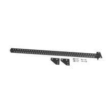 Black metal support bracket with multiple holes, two smaller angled metal plates designed for back upright rack-mounted attachments, and four sets of nuts and bolts displayed on a white background—ideal for use with the Bells of Steel Oblivyon Tower - 3x3″ Cable Tower - Back Upright.