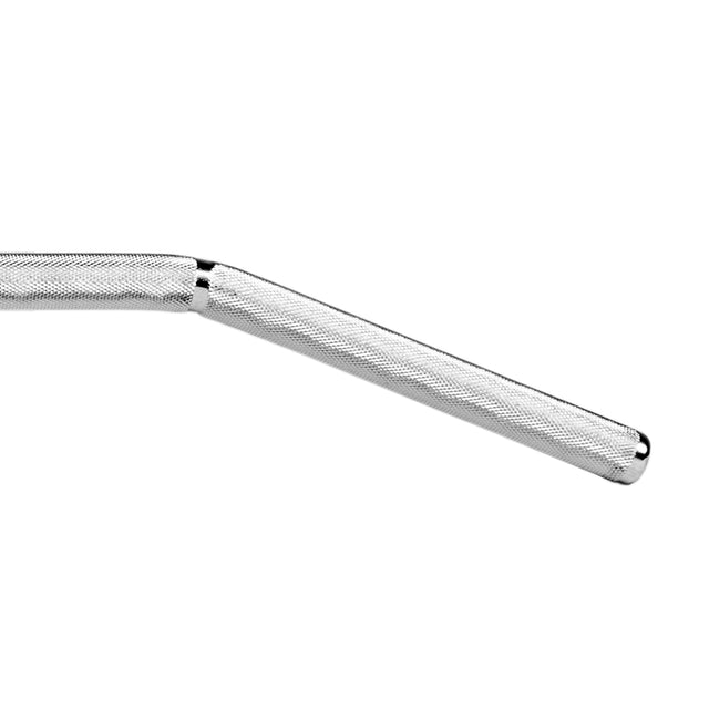The Bells of Steel Lat Pulldown Bar features a chrome finish, knurled grip, and a slight center bend to target back muscles, shown in close-up against a white background.